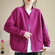 【ACheter】 圓領純色簡約華夫格寬鬆彈力棉質長袖棒球服夾克短外套# 119650 L 玫紅色