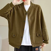 【ACheter】 圓領純色簡約華夫格寬鬆彈力棉質長袖棒球服夾克短外套# 119650 L 橄欖綠色