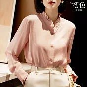 【初色】花瓣領素色長袖襯衫上衣-共3色-30488(M-XL可選) XL 淡粉色