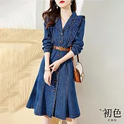 【初色】翻領單排扣系帶收腰顯瘦木耳邊長袖連身裙洋裝-藍色-30679(M-XL可選) M 藍色
