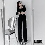 【Jilli~ko】高腰貼標設計復古直筒拖地牛仔褲 M-L J11035 L 黑色