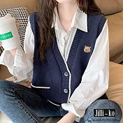 【Jilli~ko】小熊刺繡學院風疊穿寬鬆針織馬甲 J10918  FREE 深藍色