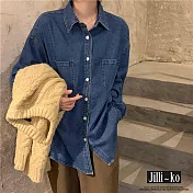 【Jilli~ko】復古翻領口袋寬鬆開扣牛仔襯衫外套 J11010  FREE 藍色