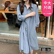 【Jilli~ko】直條紋繫帶寬鬆襯衫裙中大尺碼 J11071  FREE 藍色