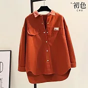 【初色】純色拼接長袖寬鬆顯瘦翻領襯衫外套-共4色-30595(M-2XL可選) L 紅色