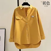 【初色】純色拼接長袖寬鬆顯瘦翻領襯衫外套-共4色-30595(M-2XL可選) L 黃色