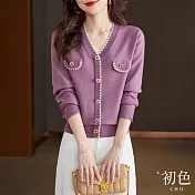 【初色】小香風純色休閒百搭V領長袖針織衫外套-共5色-30638(F可選) F 紫色