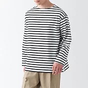 【MUJI 無印良品】男有機棉水洗粗織船領九分袖T恤 M 黑橫紋