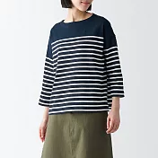 【MUJI 無印良品】女有機棉粗織船領七分袖T恤 M 深藍橫紋