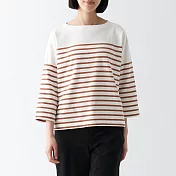 【MUJI 無印良品】女有機棉粗織船領七分袖T恤 M 棕橫紋
