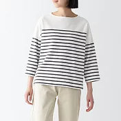 【MUJI 無印良品】女有機棉粗織船領七分袖T恤 L 墨灰橫紋