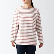 【MUJI 無印良品】女有機棉粗織天竺船領長袖T恤 M 粉紅橫紋