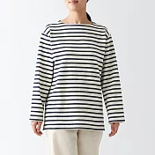 【MUJI 無印良品】女有機棉粗織天竺船領長袖T恤 M 深藍橫紋