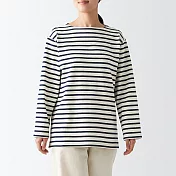 【MUJI 無印良品】女有機棉粗織天竺船領長袖T恤 XL 深藍橫紋