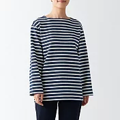 【MUJI 無印良品】女有機棉粗織天竺船領長袖T恤 M 深藍紋樣