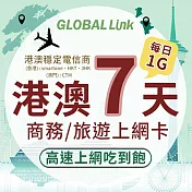 GLOBAL LINK 全球通 港澳7天上網卡 7日7GB 過量降速吃到飽 4G網速(港澳穩定電信商 即插即用)