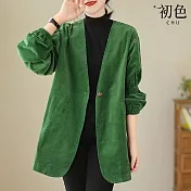 【初色】復古高級西裝感燈籠袖設計長袖外套-綠色-30988(M-2XL可選) M 綠色