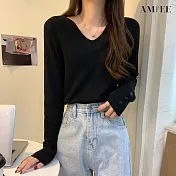 【AMIEE】慵懶風薄款V領針織衫(5色/FREE/KDTQ-6190) F 黑色