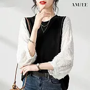 【AMIEE】高奢優雅拼接絨毛九分袖上衣(黑色/M-2XL/KDTQ-0495) XL 黑色