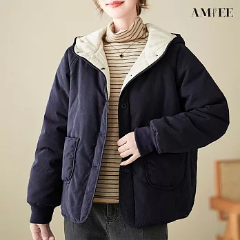 【AMIEE】撞色保暖排扣鋪棉連帽外套(藏青色/M-XL/KDCQ-612) M 藏青色