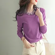 【MsMore】 高端氣質重工釘珠長袖針織衫純色寬鬆圓領修身短版上衣# 119456 FREE 紫色