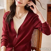 【MsMore】 設計感撞色疊穿V領假兩件復古長袖紅針織衫短版上衣# 119478 FREE 紅色