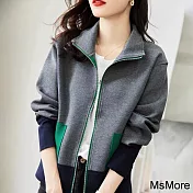 【MsMore】 拼接外套撞色立領夾克休閒長袖設計感短版帥氣# 119579 L 深灰色