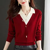 【MsMore】 Polo領假兩件針織衫長袖氣質短版上衣# 119633 FREE 酒紅色