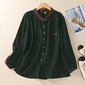 【ACheter】 棉麻感襯衫文藝復古寬鬆顯瘦上衣撞色領百搭短版上衣# 119683 L 墨綠色