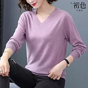 【初色】簡約長袖V領螺紋素色針織衫毛衣上衣-共5色-30848(F可選) F 紫色