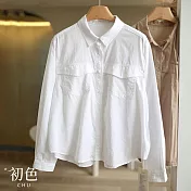 【初色】純色棉麻風寬鬆顯瘦翻領單排釦長袖復古襯衫女上衣-共4色-30806(M-2XL可選) XL 白色