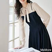 【MsMore】 法式茶歇連身裙氣質長袖減齡拼接中長版洋裝# 119730 L 藏青色
