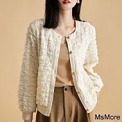 【MsMore】 時尚輕量感長袖簡約廓形褶皺肌理優雅氣場圓領顯瘦休閒短版外套# 119734 L 白色