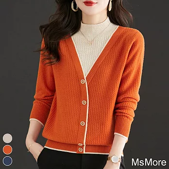 【MsMore】 半高領毛衣短版假兩件內搭上衣爆款針織長袖# 119817 FREE 橘色