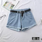 【Jilli~ko】百搭款寬鬆高腰A字捲邊牛仔熱短褲 M-XL J11036 L 淺藍