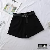 【Jilli~ko】百搭款寬鬆高腰A字捲邊牛仔熱短褲 M-XL J11036 M 黑色
