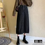 【Jilli~ko】復古黑色中長款高腰A字顯瘦包臀牛仔裙 M-L J11092 L 黑色