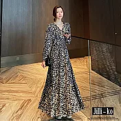 【Jilli~ko】V領雪紡碎花高腰長袖桔梗洋裝連衣裙 J11099  FREE 黑色