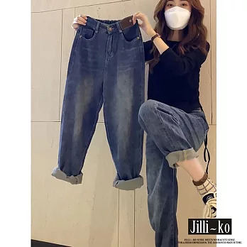 【Jilli~ko】後鬆緊高腰寬鬆哈倫直筒牛仔褲 M-XL J11020  L 藍色