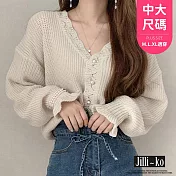 【Jilli~ko】復古珍珠扣寬鬆甜美鏤空泡泡袖針織毛衣中大尺碼 J11081  FREE 白色