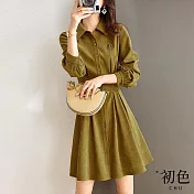 【初色】立體壓褶氣質洋裝-共2色-91039(M-2XL可選) M 金橄欖