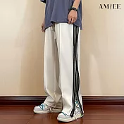 【AMIEE】街頭條紋拉鍊開衩寬褲(男裝/KDPQ-B428) XL 白色