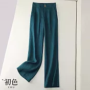 【初色】純色簡約顯瘦百搭透氣棉麻風直筒闊腿寬褲長褲-共12色-30181(M-2XL可選) M 藍綠色