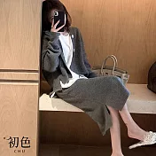 【初色】小香風素色長袖連帽針織衫+半身裙毛衣長裙兩件式套裝-灰色-31037(F可選) F 灰色