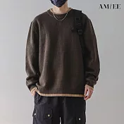 【AMIEE】假兩件撞色圓領寬鬆針織毛衣(男裝/KDTQ-B067) 2XL 咖色