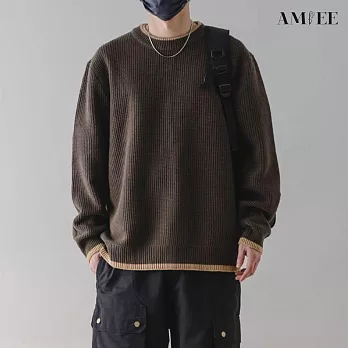 【AMIEE】假兩件撞色圓領寬鬆針織毛衣(男裝/KDTQ-B067) 2XL 咖色