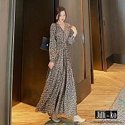 【Jilli~ko】V領雪紡碎花高腰長袖桔梗洋裝連衣裙 J11125  FREE 黑色