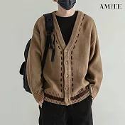 【AMIEE】文青V領虛線排扣針織衫(男裝/KDCQ-B108) M 深卡其