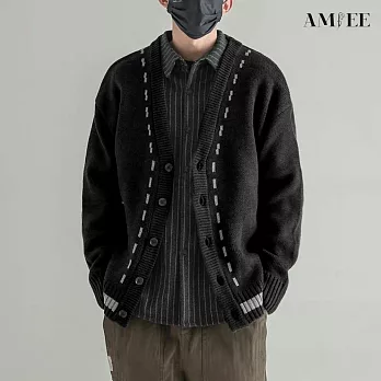 【AMIEE】文青V領虛線排扣針織衫(男裝/KDCQ-B108) M 黑色