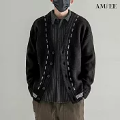 【AMIEE】文青V領虛線排扣針織衫(男裝/KDCQ-B108) XL 黑色